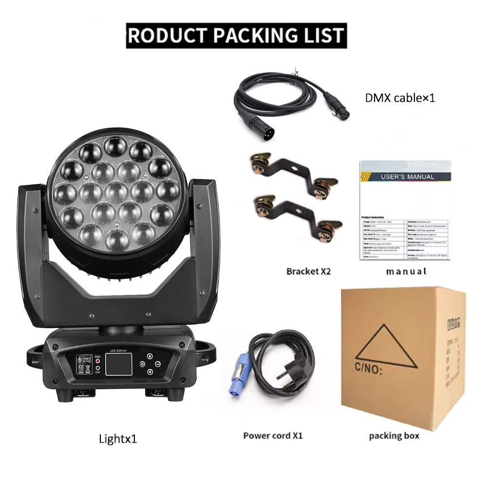 DJSOURCE LED 19x15w RGBW 4in1 Zoom Wash Effect Moving Head Stage Lights For Dj Party Club Stage
